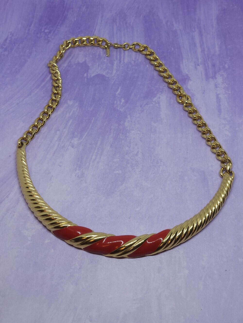 Vintage Monet 70s Red Enamel &Gold Tone Choker Necklace